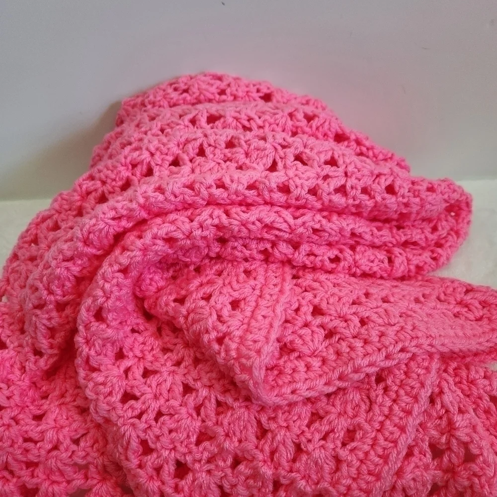 Crochet Handmade Neon Bright Barbie Pink Throw Lap Baby Blanket Afghan